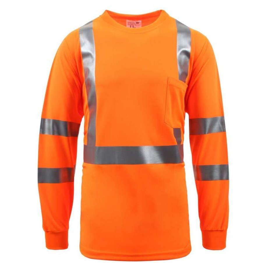 Workwear Work Force Hi-Visibility Shirts | Work Force Men'S Class 3 Hi Viz Long Sleeve Pocket T-Shirt Orange