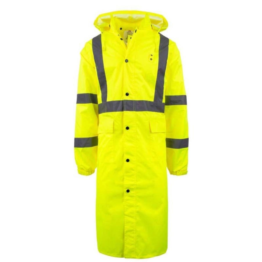 Outerwear Work Force Rain Jackets | Work Force Men'S Class 3 Hi-Visibility Long Rain Coat Hi Viz Green