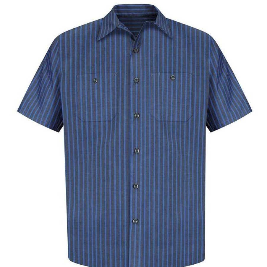 Workwear Red Kap Work Shirts | Red Kap Men'S Short Sleeve Industrial Stripe Poplin Work Shirt Gray / Blue Stripe