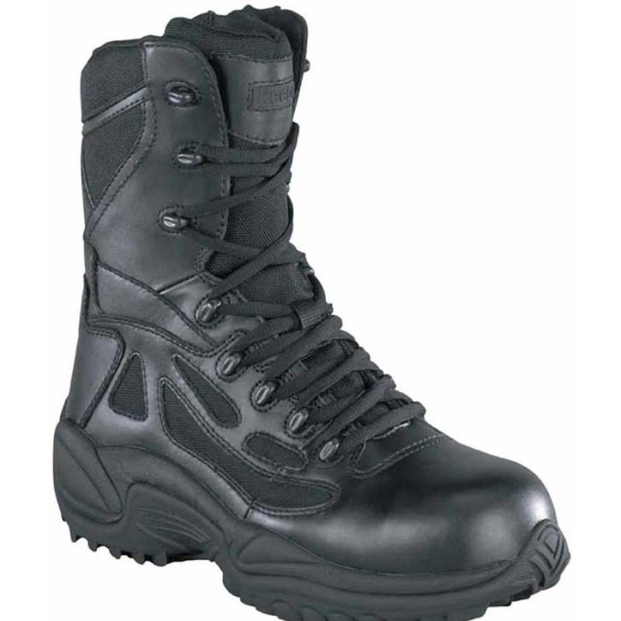 Footwear Reebok Non-Steel Safety Toe | Reebok Men'S Rapid Response Rb Stealth 8-Inch Comp Toe Side Zip Duty Boots Black