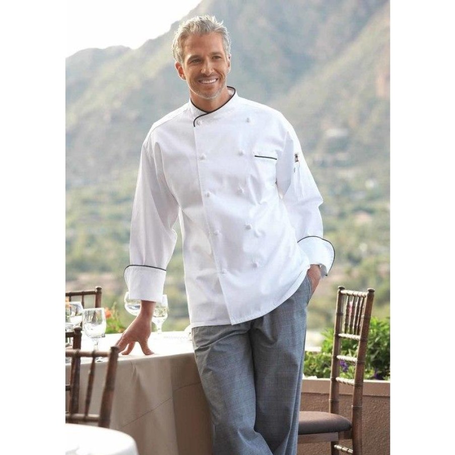 Workwear Uncommon Threads Chef Coats | Uncommon Threads San Marco Cotton Cross Over Collar Chef Coat White / Black