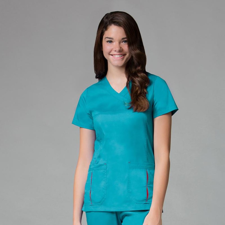 Healthcare Maevn PrimaFlex Scrub Tops | Maevn Primaflex Women'S Pleated Pocket Mock Wrap Scrub Top