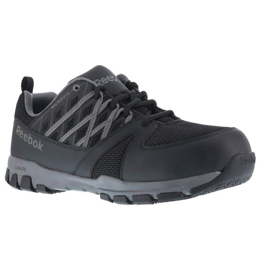 Footwear Reebok Non-Slip Shoes | Reebok Men'S Sublite Work Black & Grey Steel Toe Esd Athletic Oxford Black/Grey