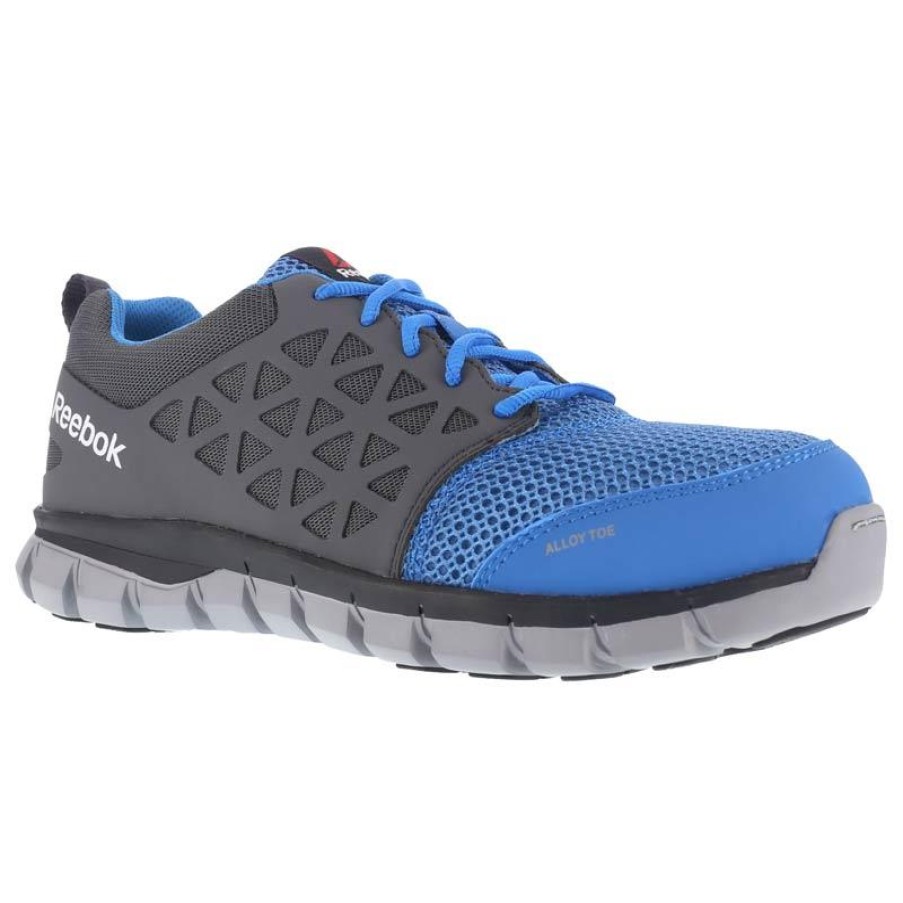 Footwear Reebok Non-Slip Shoes | Reebok Men'S Sublite Cushion Work Alloy Toe Esd Blue & Grey Athletic Oxford Blue / Gray