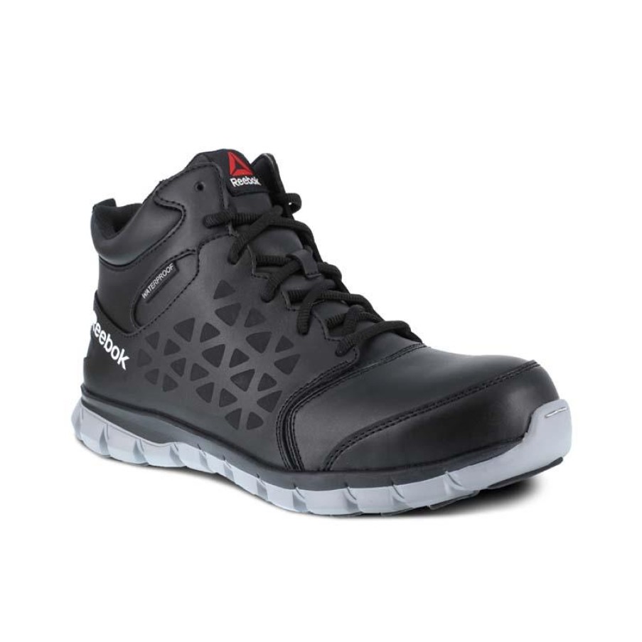 Footwear Reebok Non-Slip Shoes | Reebok Work Men'S Black Waterproof Sublite Cushion Athletic Mid Cut Black/Grey