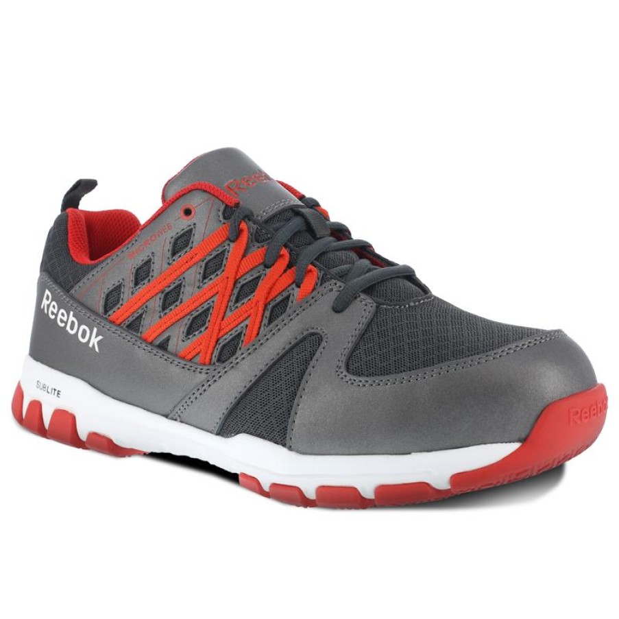 Footwear Reebok Non-Slip Shoes | Reebok Men'S Sublite Work Steel Toe Athletic Work Shoe Gray / Red