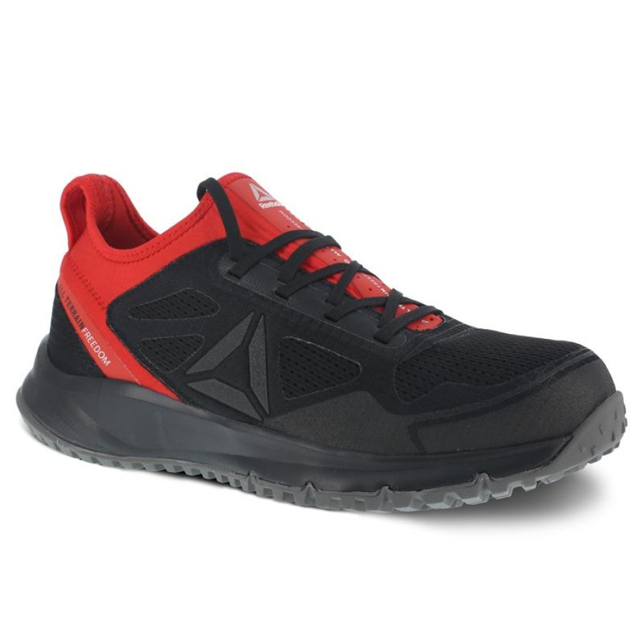 Footwear Reebok Non-Slip Shoes | Reebok Men'S All Terrain Work Esd Steel Toe Trail Running Work Shoe Black / Red