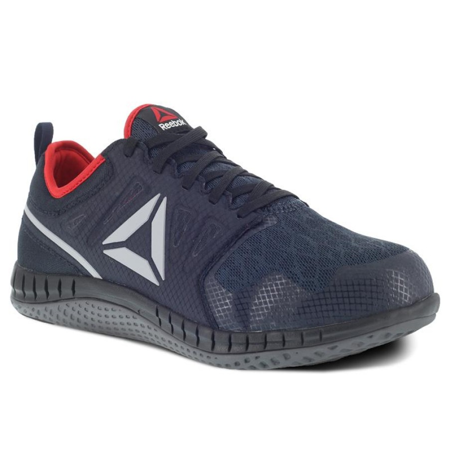 Footwear Reebok Athletic | Reebok Men'S Zprint Work Steel Toe Athletic Work Shoe Navy/Grey/Red