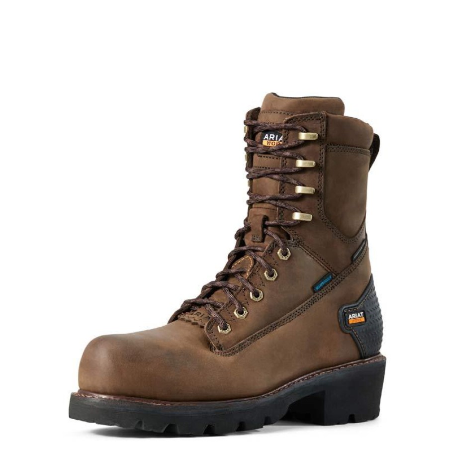 Footwear Ariat Non-Steel Safety Toe | Men'S Powerline 8" Waterproof Composite Toe Logger Work Boot Oily Distressed Brown