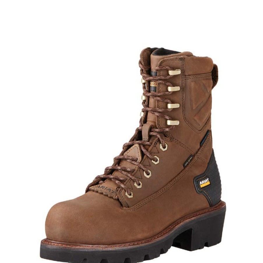 Footwear Ariat Non-Steel Safety Toe | Men'S Powerline 8" Waterproof Insulated Composite Toe Logger Work Boot Oily Distressed Brown