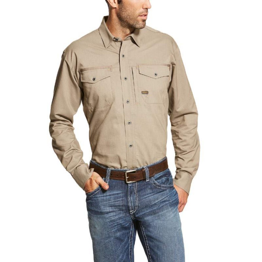 Workwear Ariat Work Shirts | Ariat Men'S Rebar Workman Long Sleeve Work Shirt Brindle