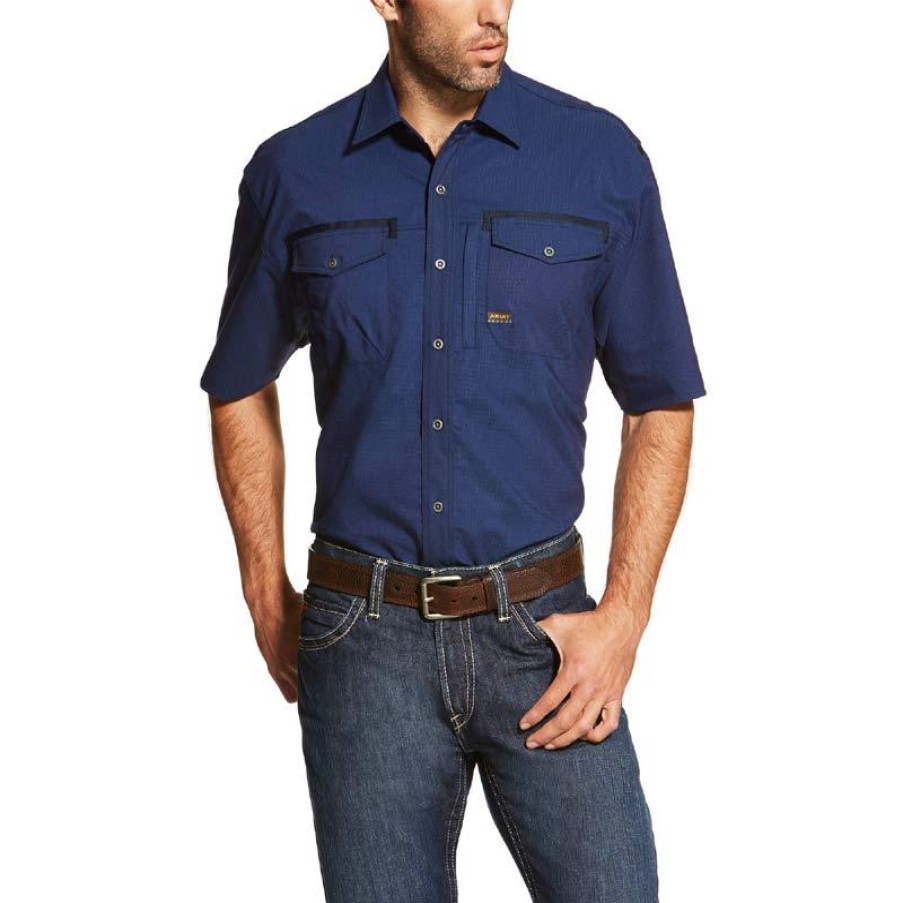 Workwear Ariat Work Shirts | Ariat Men'S Rebar Workman Short Sleeve Work Shirt Navy