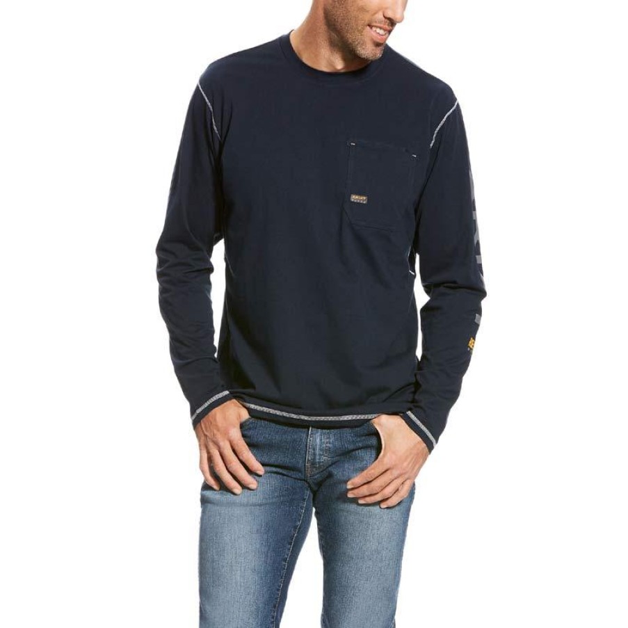 Workwear Ariat T-Shirts | Ariat Men'S Rebar Workman Long Sleeve Logo T-Shirt Navy