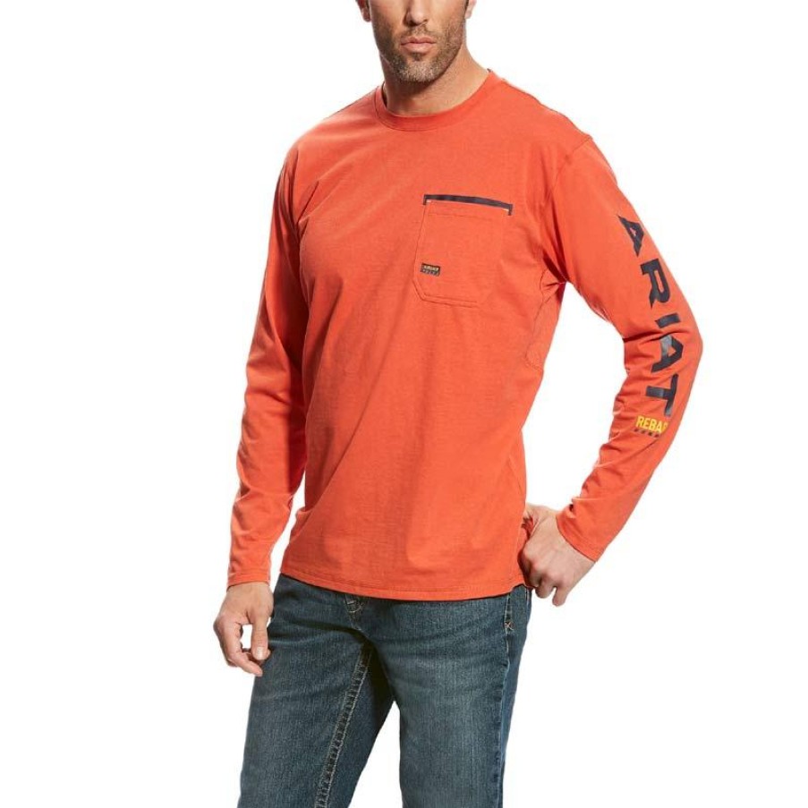 Workwear Ariat T-Shirts | Ariat Men'S Rebar Workman Long Sleeve Logo T-Shirt Volcanic Fire