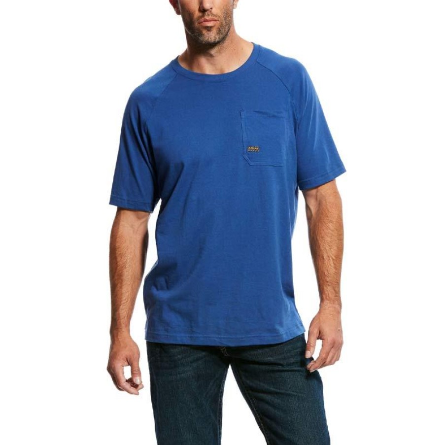 Workwear Ariat T-Shirts | Ariat Men'S Rebar Cotton Strong Short Sleeve Pocketed T-Shirt Metal Blue