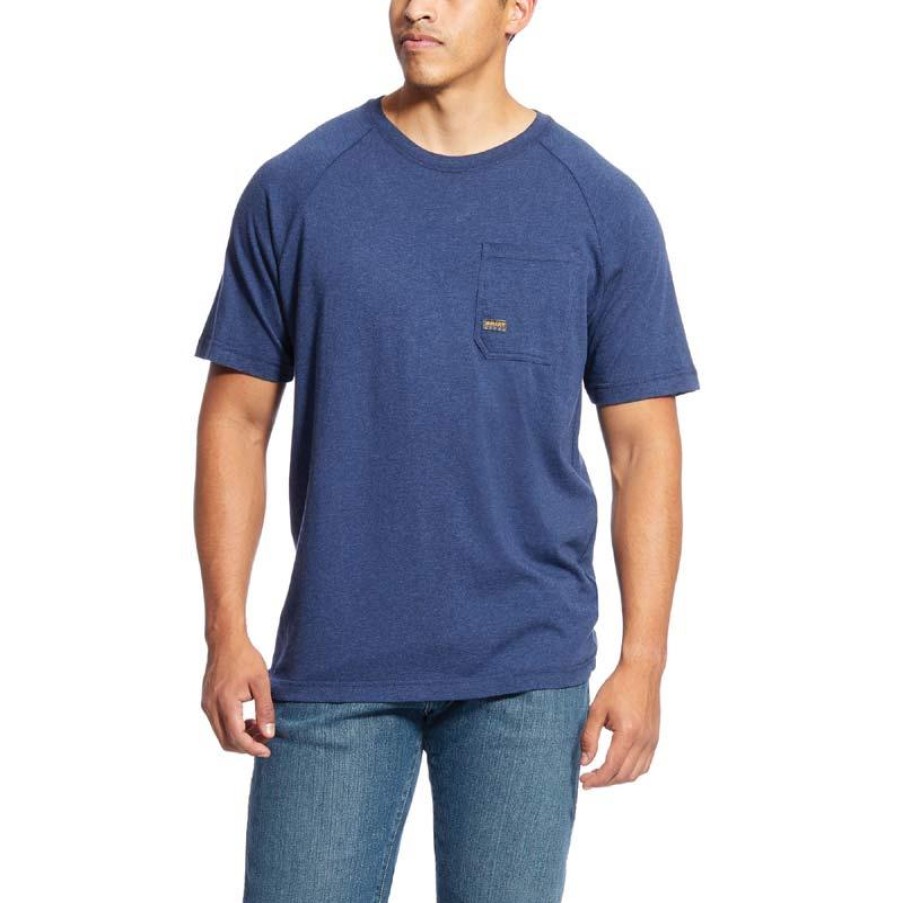 Workwear Ariat T-Shirts | Ariat Men'S Rebar Cotton Strong Short Sleeve Pocketed T-Shirt Navy Heather