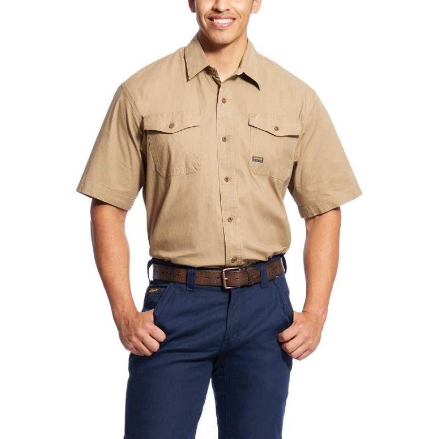 Workwear Ariat Work Shirts | Ariat Men'S Rebar Made Tough Durastretch Short Sleeve Work Shirt Khaki