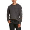 Workwear Ariat T-Shirts | Ariat Men'S Rebar Workman Long Sleeve Logo T-Shirt Charcoal Heather