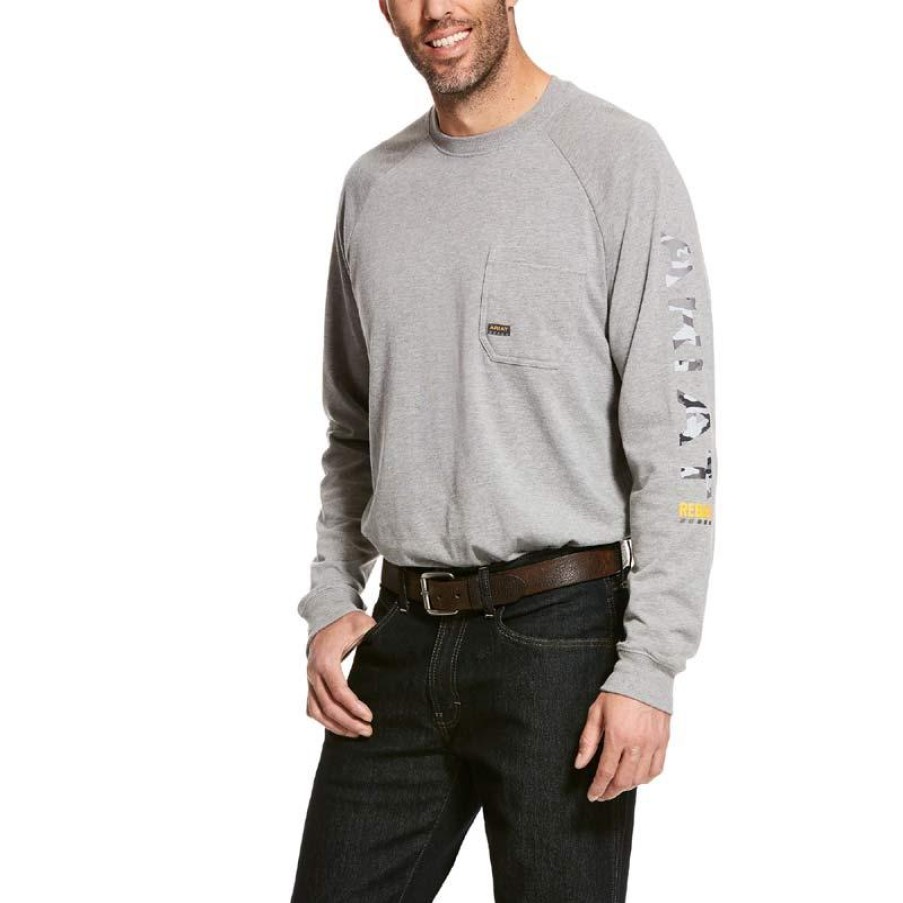 Workwear Ariat T-Shirts | Ariat Men'S Rebar Cotton Strong Long Sleeve Graphic T-Shirt Heather Gray