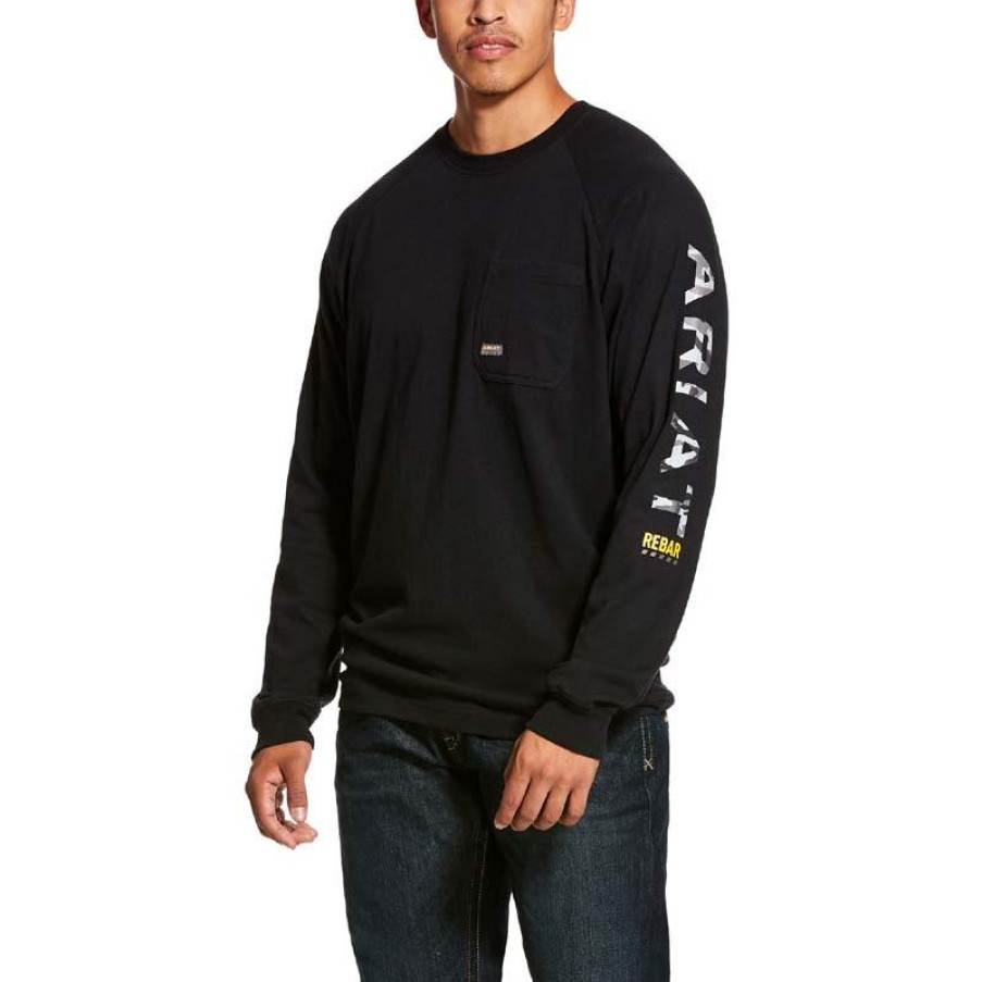 Workwear Ariat T-Shirts | Ariat Men'S Rebar Cotton Strong Long Sleeve Graphic T-Shirt Black