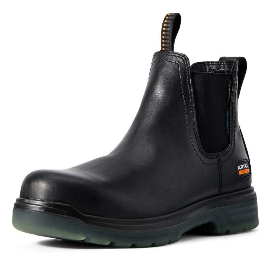 Footwear Ariat Non-Steel Safety Toe | Men'S Turbo Chelsea Csa Waterproof Carbon Composite Toe Pull-On Work Boot Black