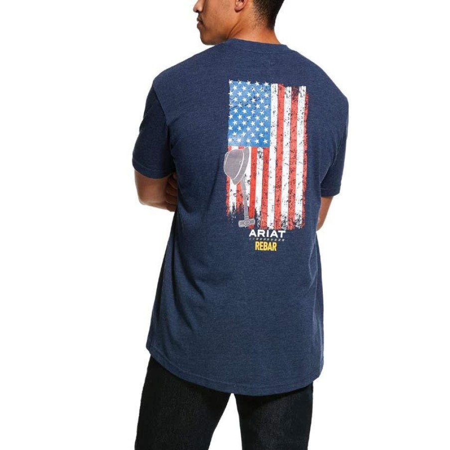 Workwear Ariat T-Shirts | Ariat Men'S Rebar Cotton Strong American Grit Graphic T-Shirt Navy Heather