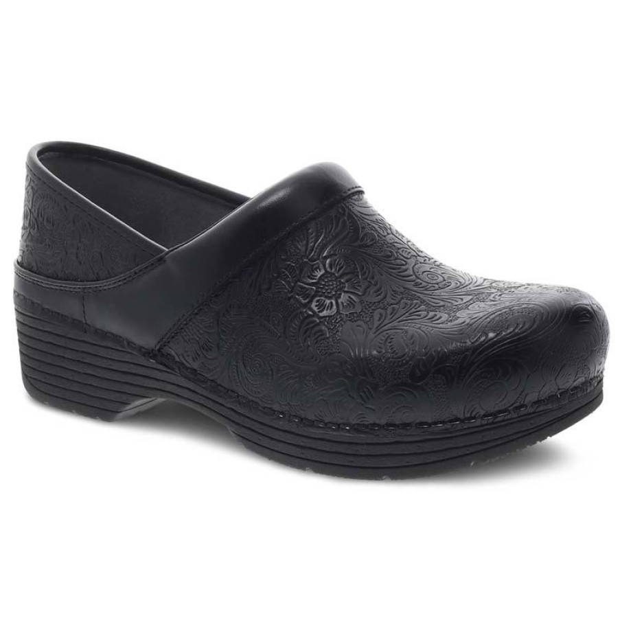 Footwear Dansko Clogs | Dansko Women'S Lt Pro Tooled Leather Clog Black Floral