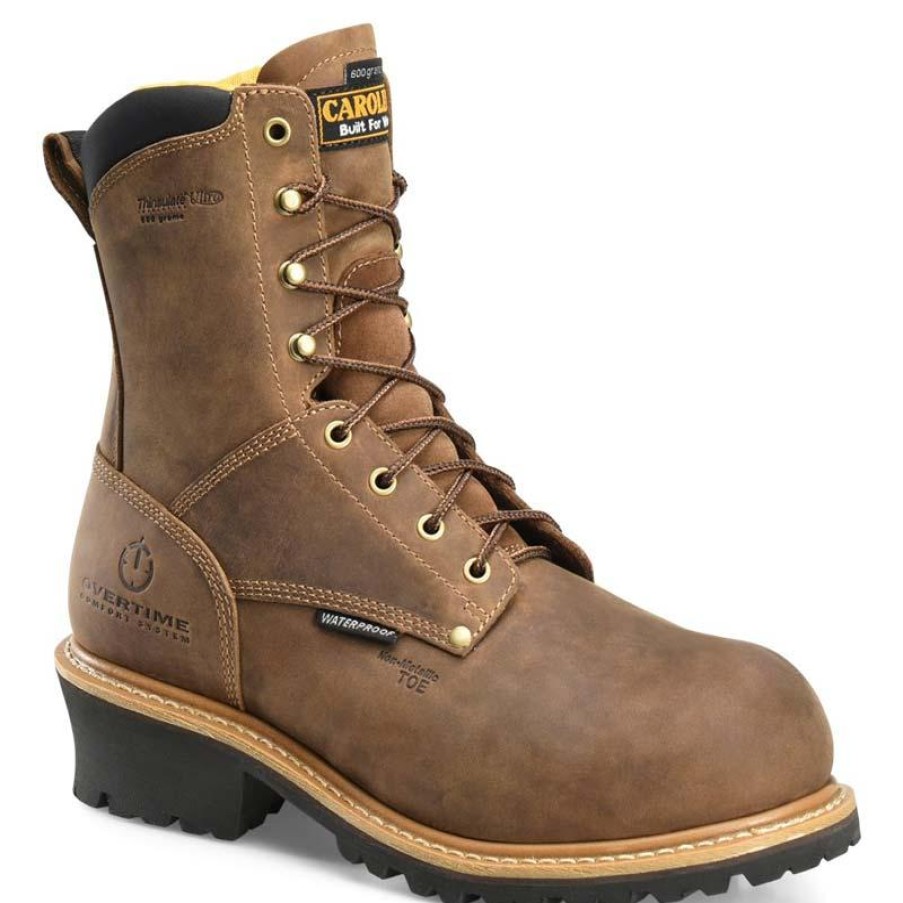 Footwear Carolina Non-Steel Safety Toe | Carolina Men'S 8" Poplar Waterproof Insulated Composite Toe Logger Brown Crazy Horse