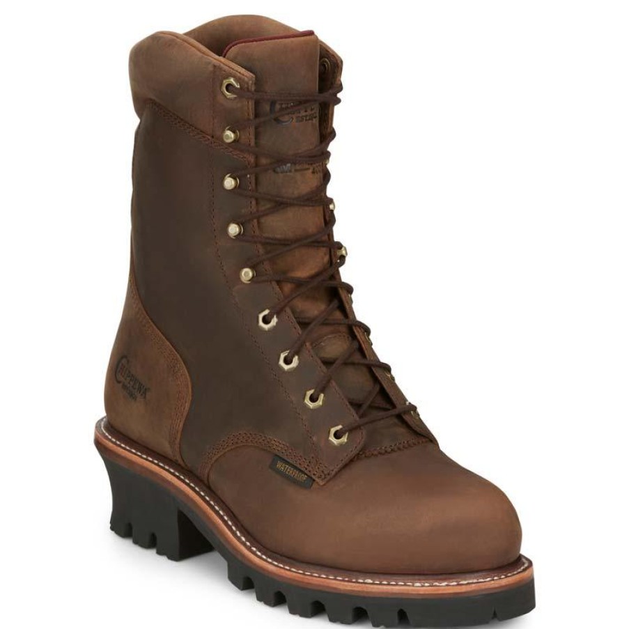 Footwear Chippewa Steel Toe | Chippewa Men'S 8" Waterproof Insulated Steel Toe Logger Boot Tan Crazy Horse