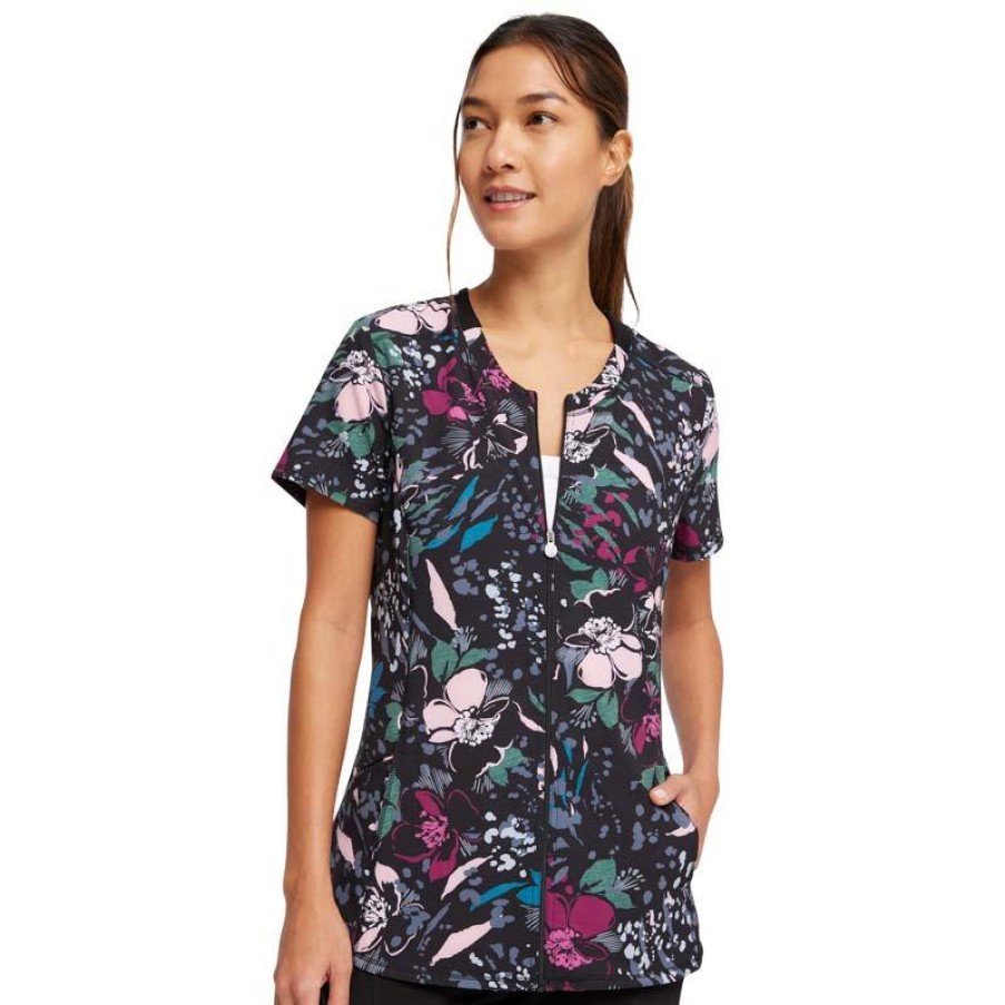 Healthcare Infinity Scrub Tops | Infinity By Cherokee Women'S Zip Front Print Scrub Top Wild Fleur You