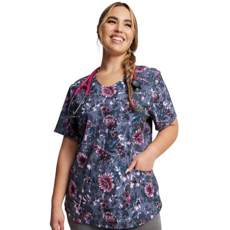 Healthcare Dickies Dynamix Scrub Tops | Dickies Dynamix Women'S Flor-Get About It Print Scrub Top Flor Get About It