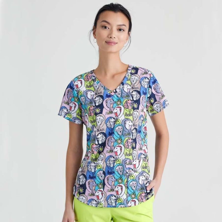 Healthcare Skechers by Barco Scrub Tops | Skechers By Barco Women'S Essence Print Scrub Top Dogs In The Hood