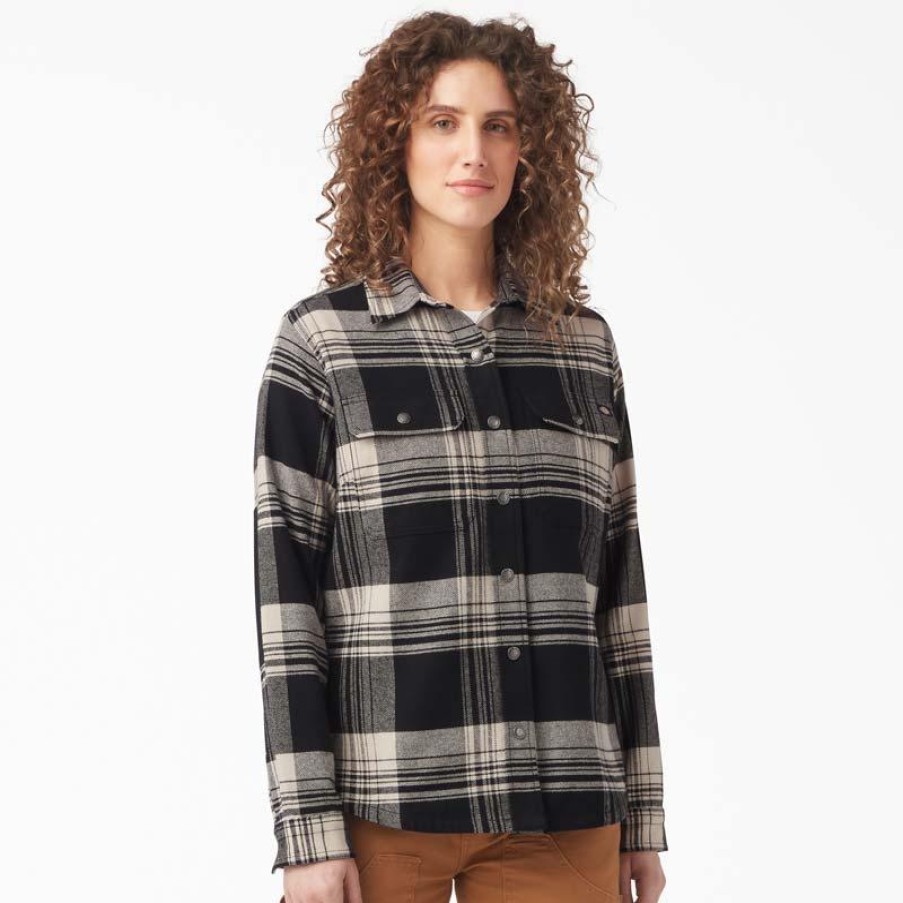 Workwear Dickies Work Shirts | Dickies Women'S Duratech Renegade Flannel Shirt Black/Oatmeal Plaid