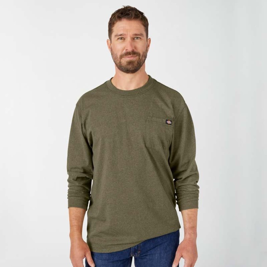 Workwear Dickies T-Shirts | Dickies Men'S Long Sleeve Heathered Heavyweight Pocket Tee