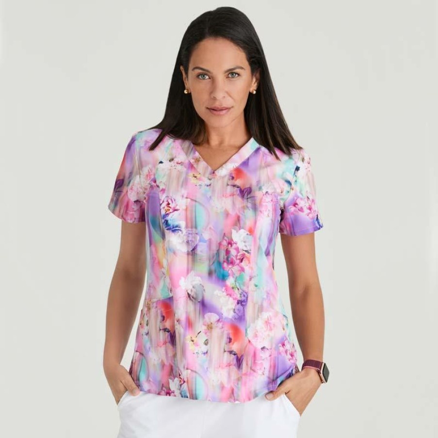 Healthcare Barco One Scrub Tops | Barco One Women'S Thrive Print Scrub Top Floral Blooms