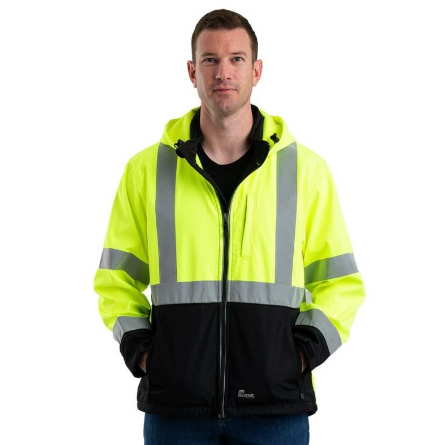 Outerwear Berne Coats & Jackets | Berne Men'S Class 3 Hi Vis Hooded Softshell Jacket Yellow