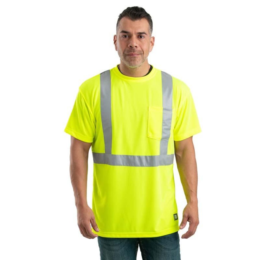 Workwear Berne Hi-Visibility Shirts | Berne Men'S Class 2 Hi Vis Short Sleeve Pocket Mesh Tee Yellow