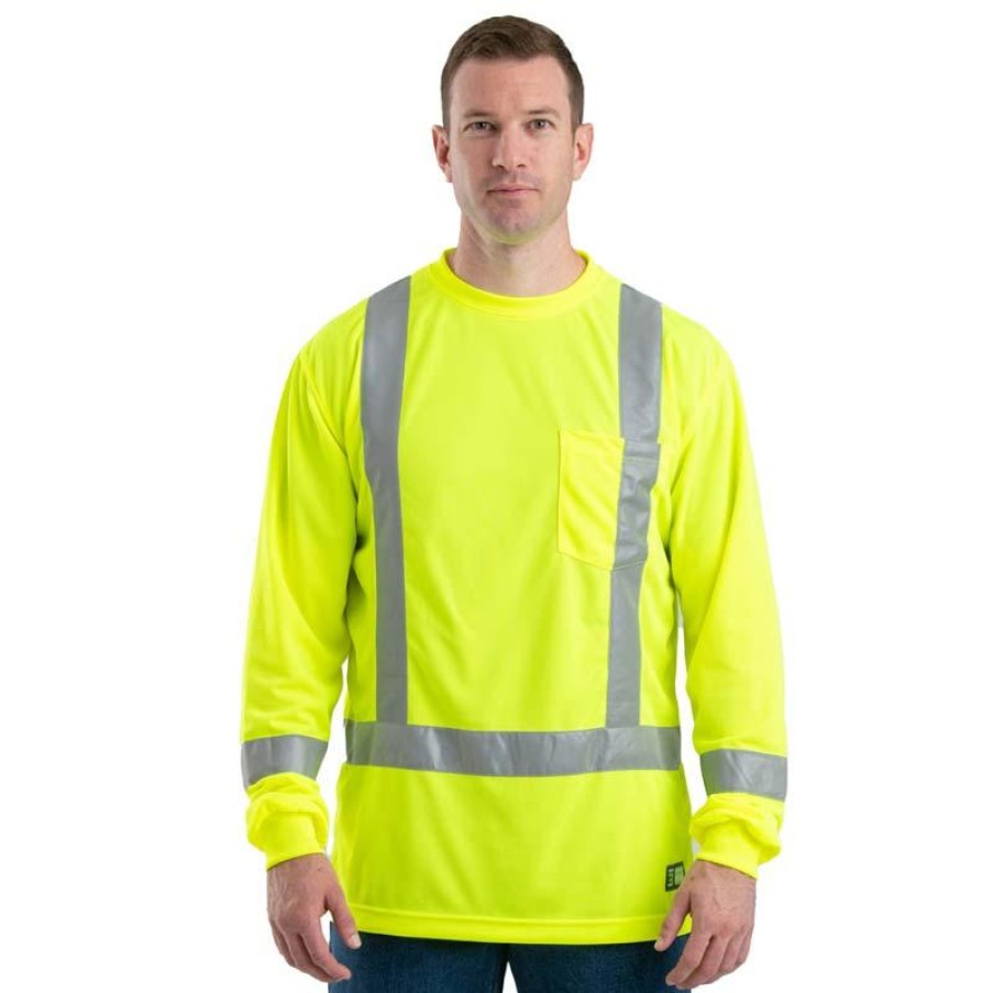 Workwear Berne Hi-Visibility Shirts | Berne Men'S Class 3 Hi Vis Long Sleeve Pocket Mesh Tee Yellow