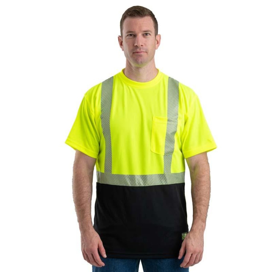 Workwear Berne Hi-Visibility Shirts | Berne Men'S Class 2 Hi Vis Black Bottom Pocket Mesh Tee Yellow