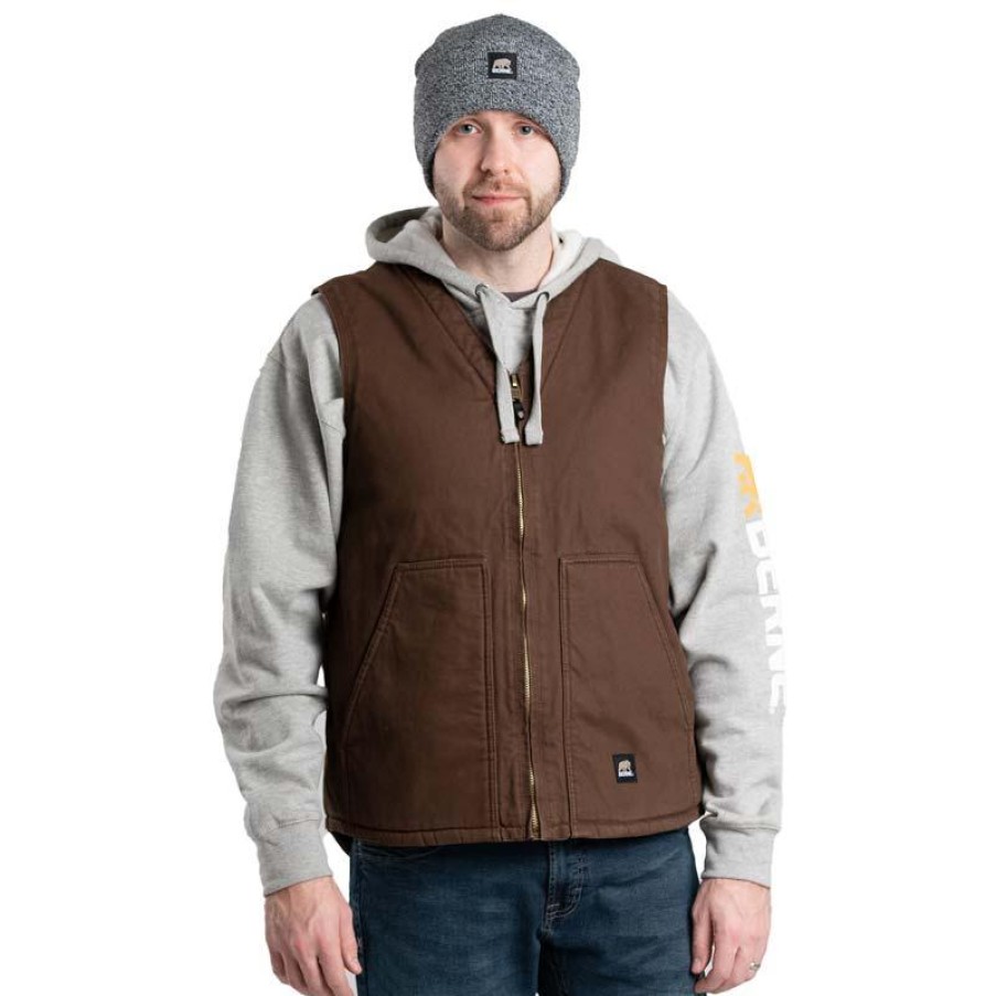 Outerwear Berne Vests | Berne Men'S Heartland Sherpa Lined Washed Duck V-Neck Vest