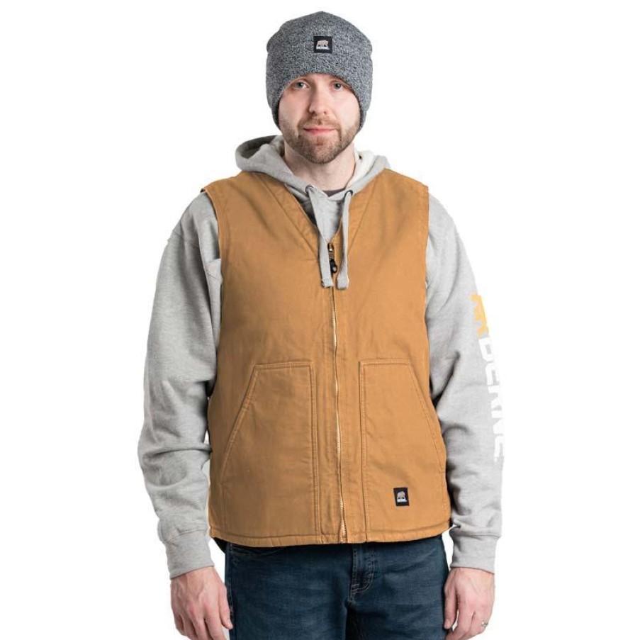 Outerwear Berne Vests | Berne Men'S Heartland Sherpa Lined Washed Duck V-Neck Vest